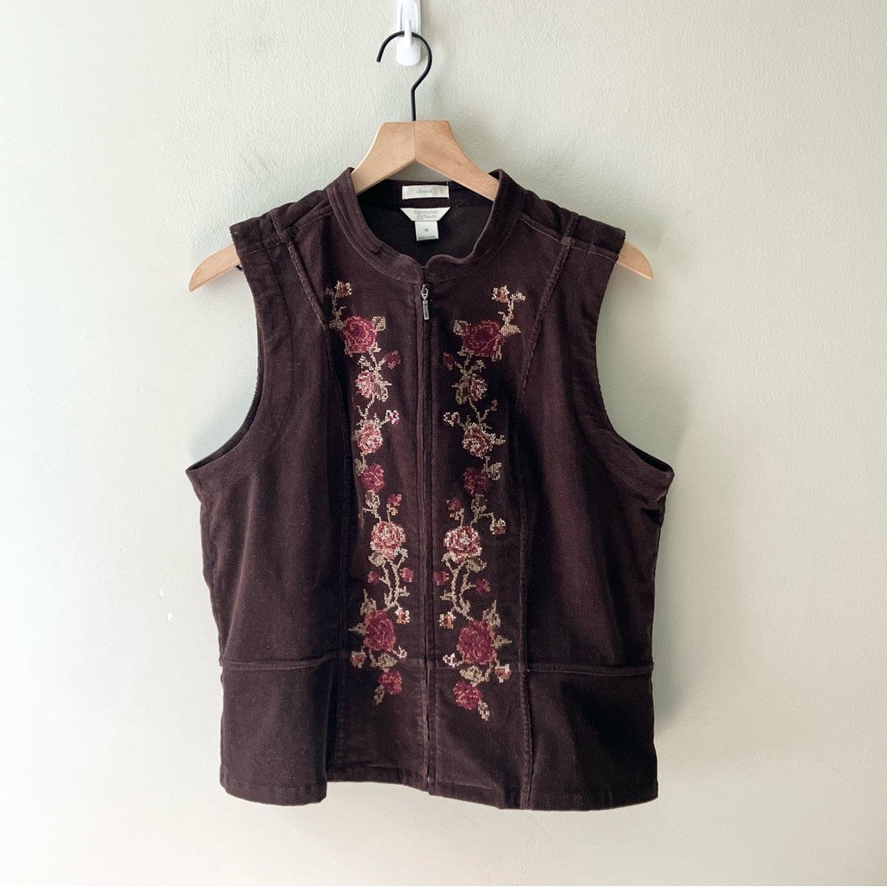 CHRISTOPHER & BANKS Rose Cross Stitch Corduroy Zip Up Vest
